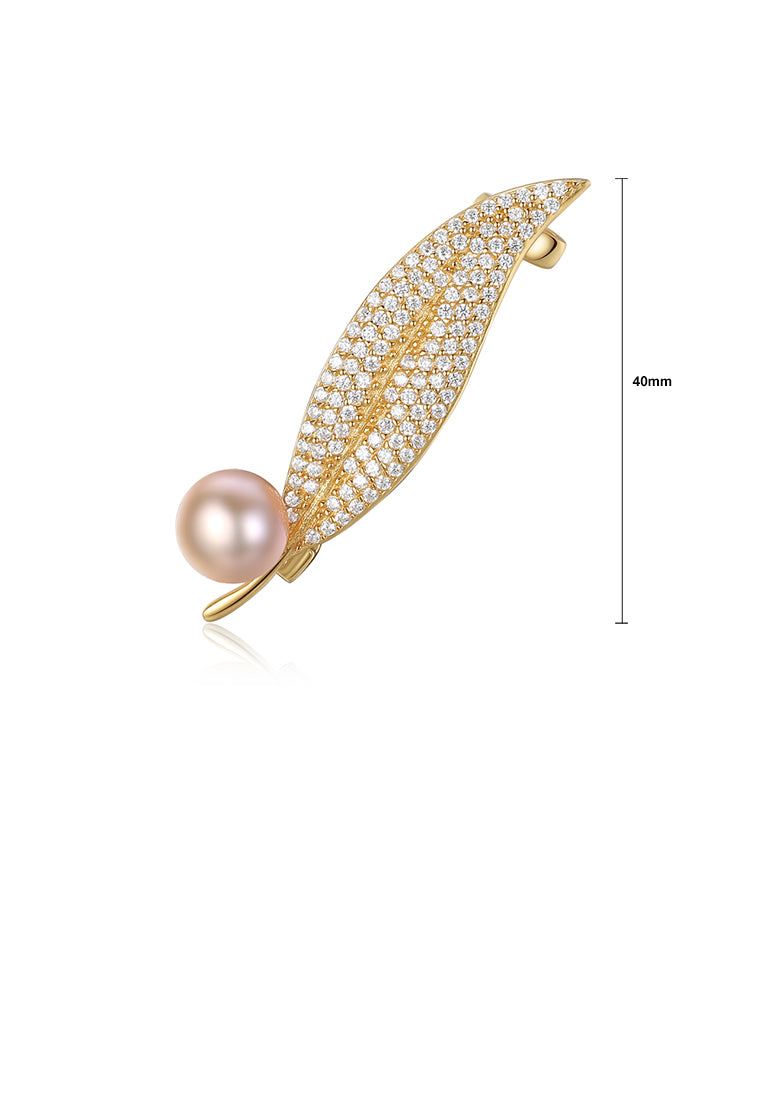 925 Sterling Silver Plated Gold Fashion Elegant Leaves Pink Freshwater Pearl Brooch with Cubic Zirconia - Luxurious Look - Vibrant Color