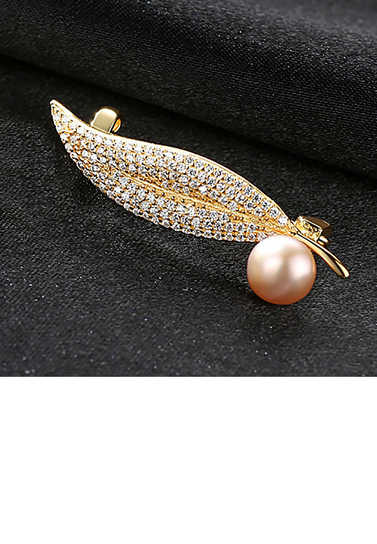 925 Sterling Silver Plated Gold Fashion Elegant Leaves Pink Freshwater Pearl Brooch with Cubic Zirconia - Luxurious Look - Vibrant Color