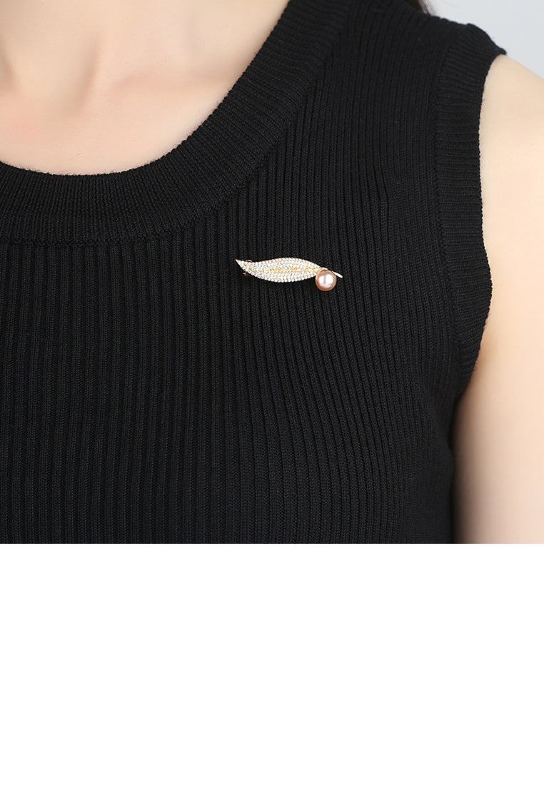 925 Sterling Silver Plated Gold Fashion Elegant Leaves Pink Freshwater Pearl Brooch with Cubic Zirconia - Luxurious Look - Vibrant Color