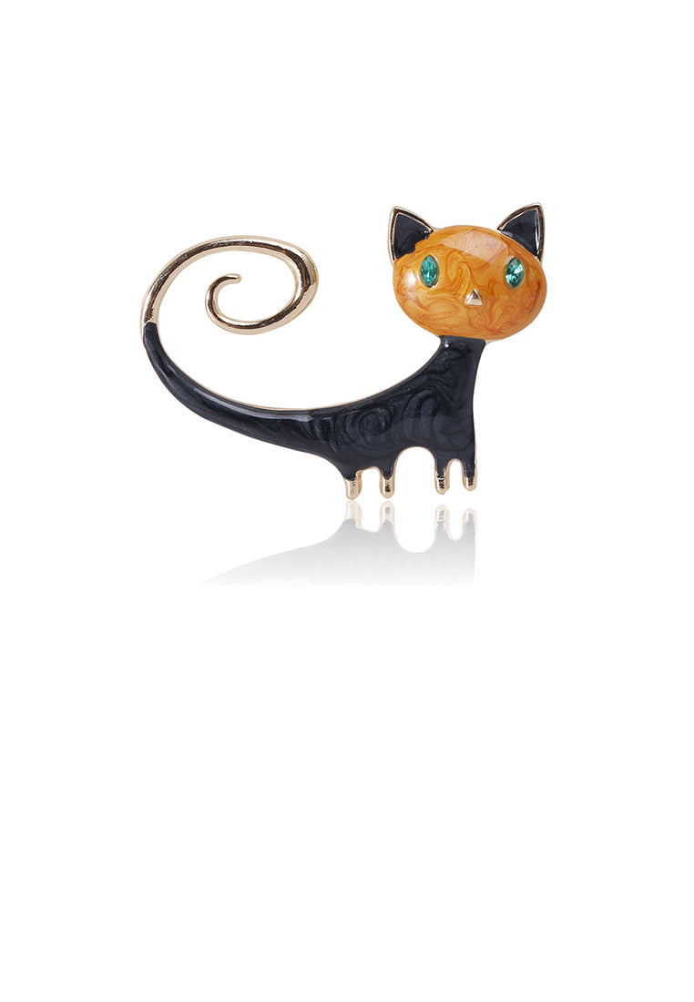 Simple and Cute Plated Gold Enamel Yellow Cat Brooch with Cubic Zirconia - Luxurious Look