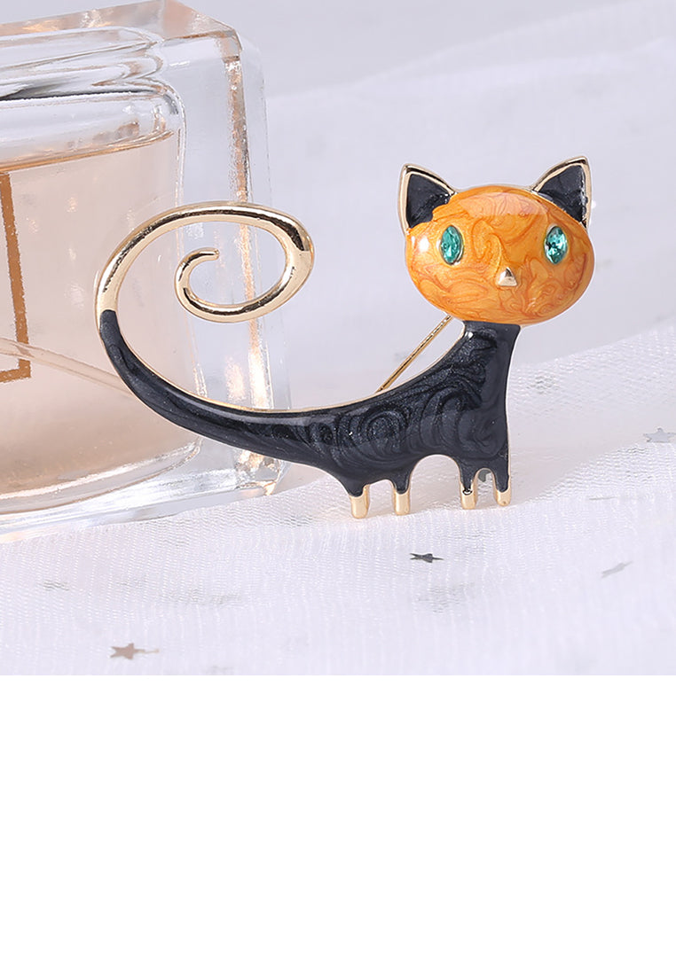 Simple and Cute Plated Gold Enamel Yellow Cat Brooch with Cubic Zirconia - Luxurious Look