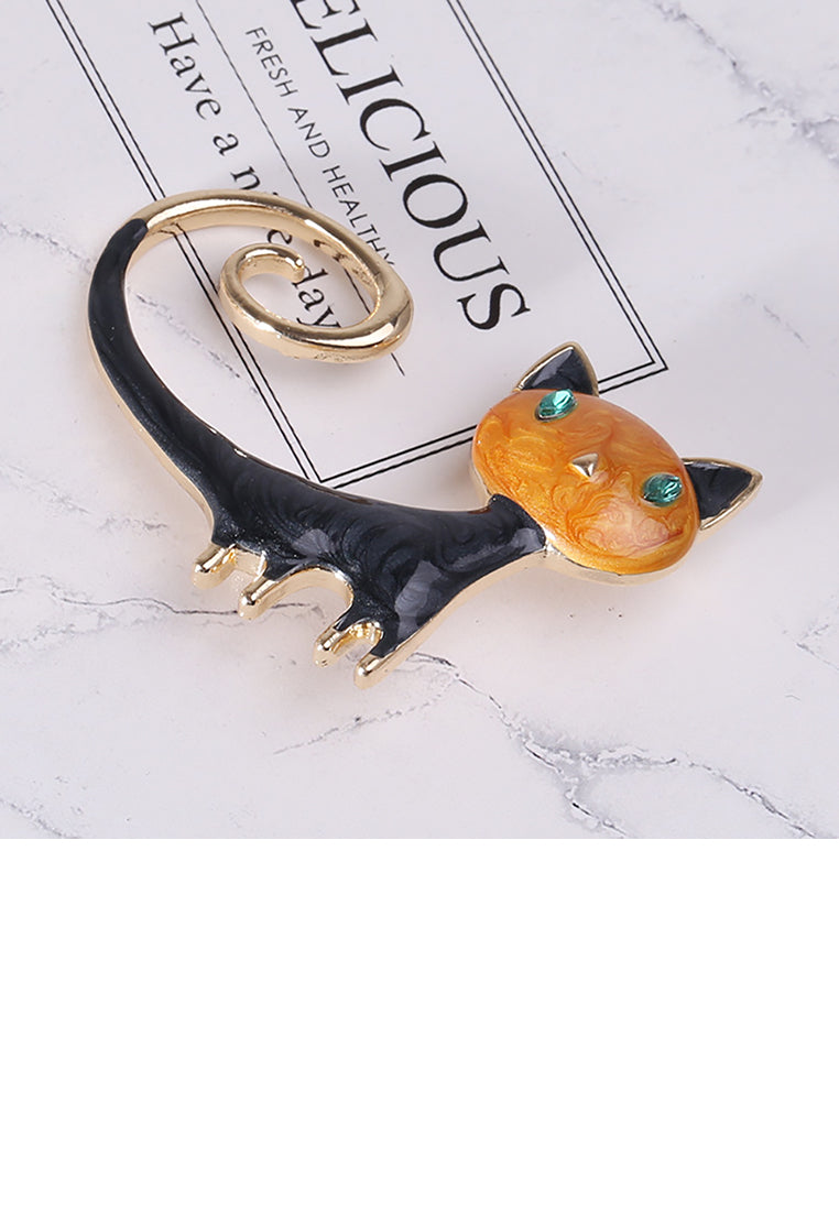 Simple and Cute Plated Gold Enamel Yellow Cat Brooch with Cubic Zirconia - Luxurious Look