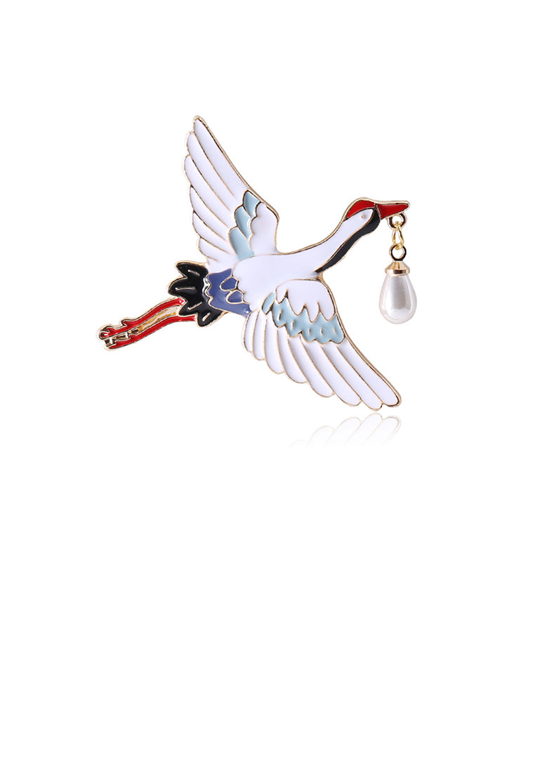 Fashion and Elegant Plated Gold Enamel Crane Brooch with Imitation Pearls
