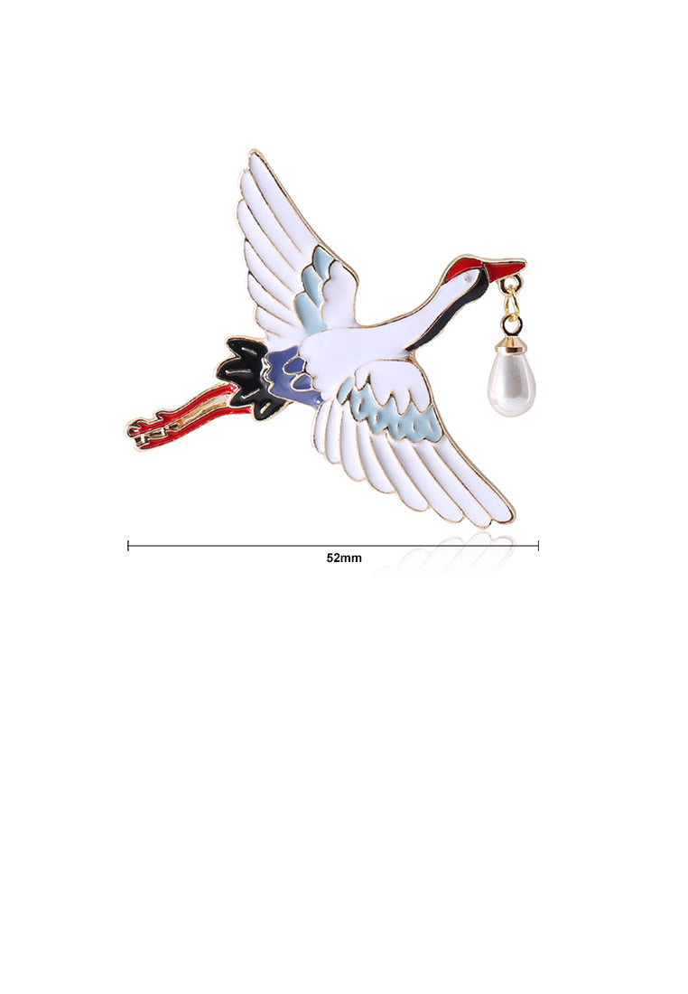 Fashion and Elegant Plated Gold Enamel Crane Brooch with Imitation Pearls