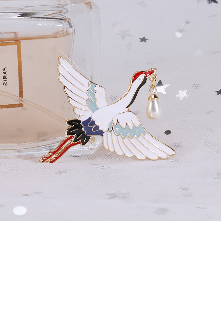 Fashion and Elegant Plated Gold Enamel Crane Brooch with Imitation Pearls