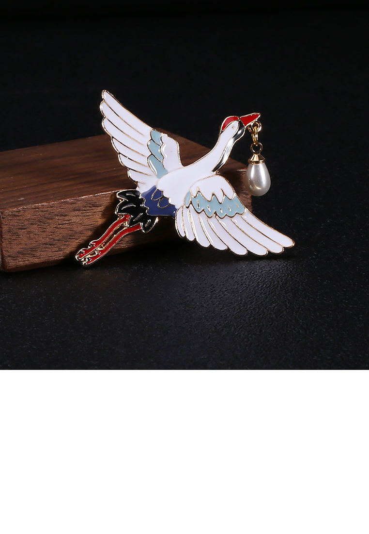 Fashion and Elegant Plated Gold Enamel Crane Brooch with Imitation Pearls
