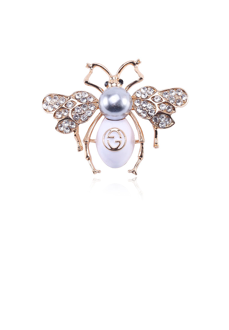 Fashion and Lovely Plated Gold Bee Imitation Pearl Brooch with Cubic Zirconia - Luxurious Look