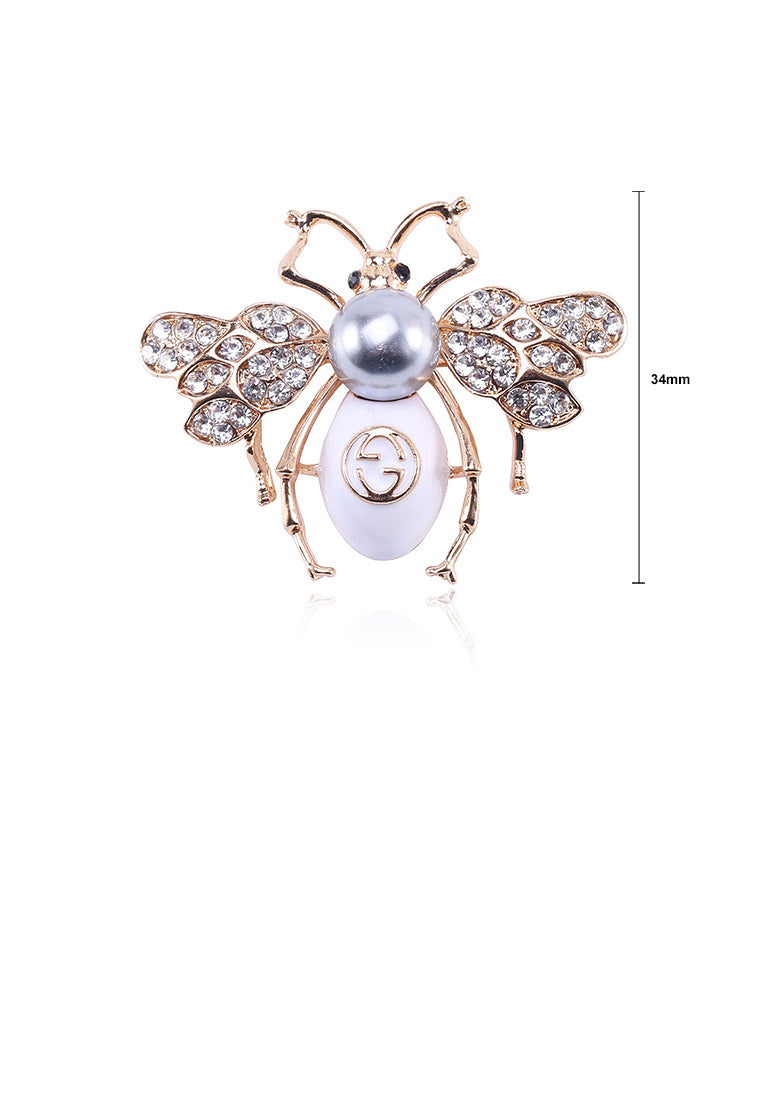 Fashion and Lovely Plated Gold Bee Imitation Pearl Brooch with Cubic Zirconia - Luxurious Look