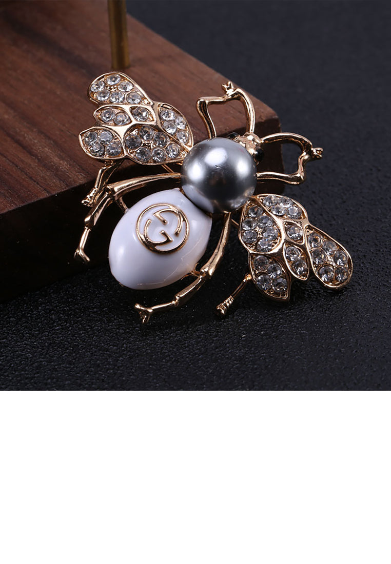 Fashion and Lovely Plated Gold Bee Imitation Pearl Brooch with Cubic Zirconia - Luxurious Look