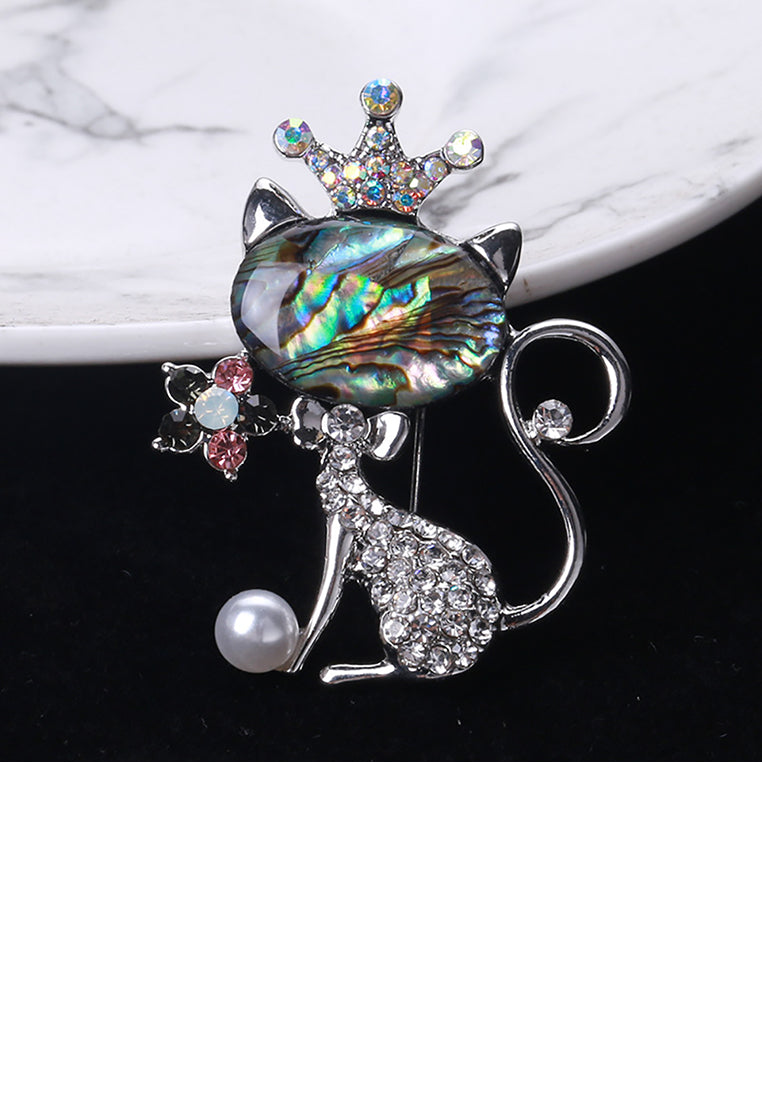 Bright Cute Crown Cat Brooch with Cubic Zirconia - Luxurious Look