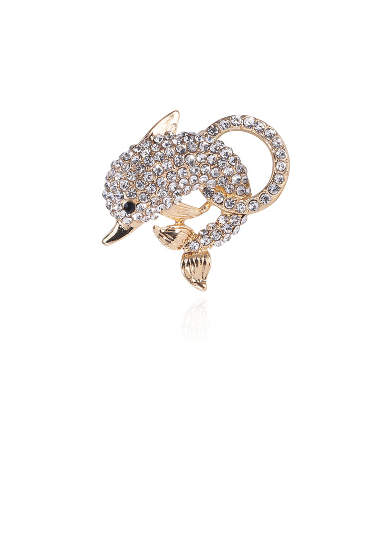 Simple and Bright Plated Gold Dolphin Brooch with Cubic Zirconia - Luxurious Look