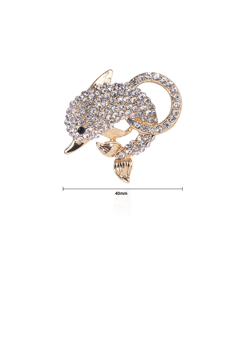 Simple and Bright Plated Gold Dolphin Brooch with Cubic Zirconia - Luxurious Look