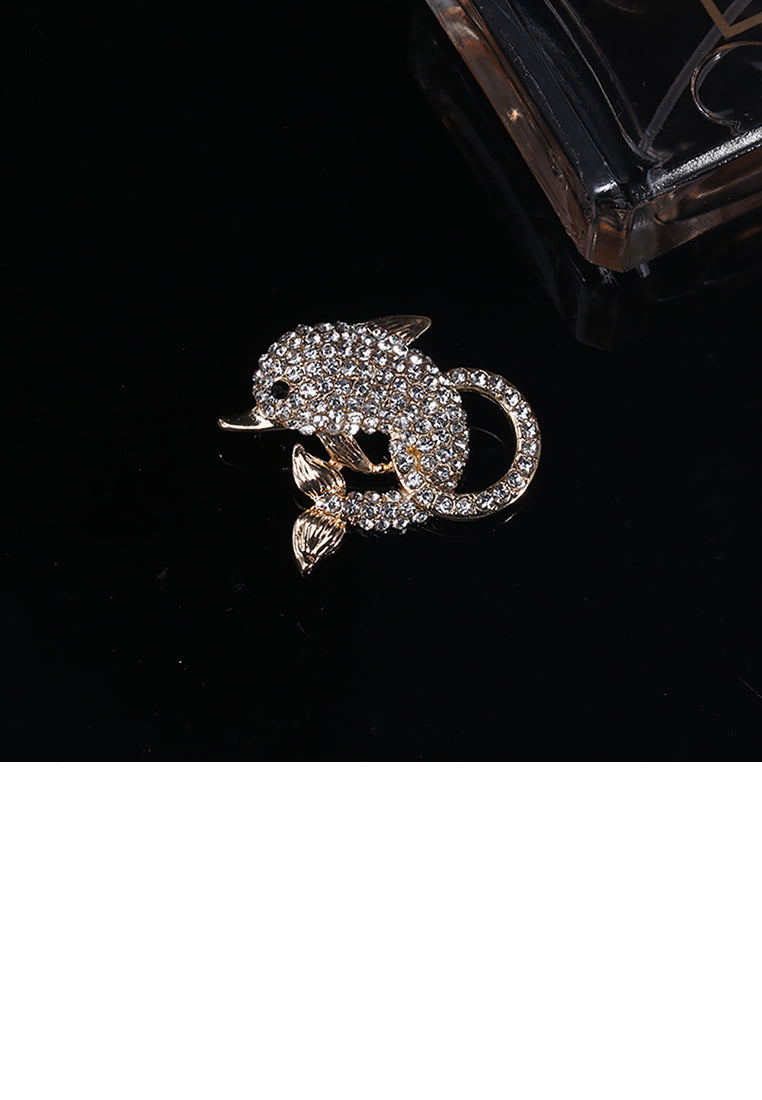 Simple and Bright Plated Gold Dolphin Brooch with Cubic Zirconia - Luxurious Look