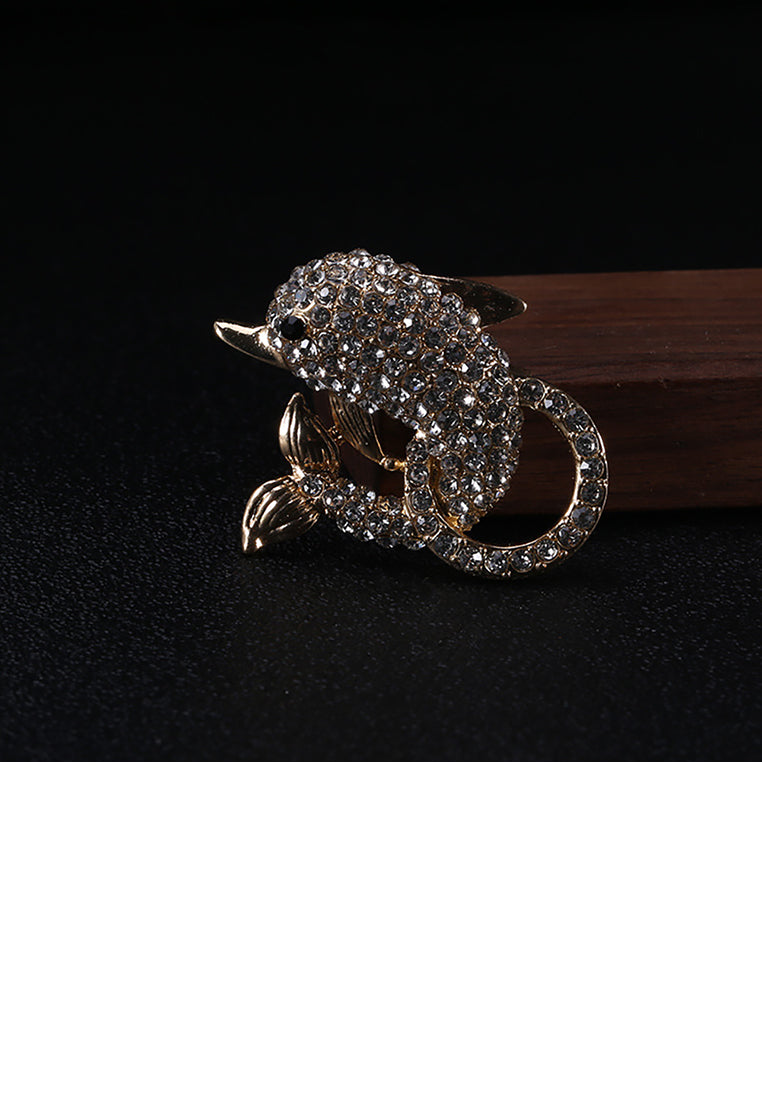 Simple and Bright Plated Gold Dolphin Brooch with Cubic Zirconia - Luxurious Look