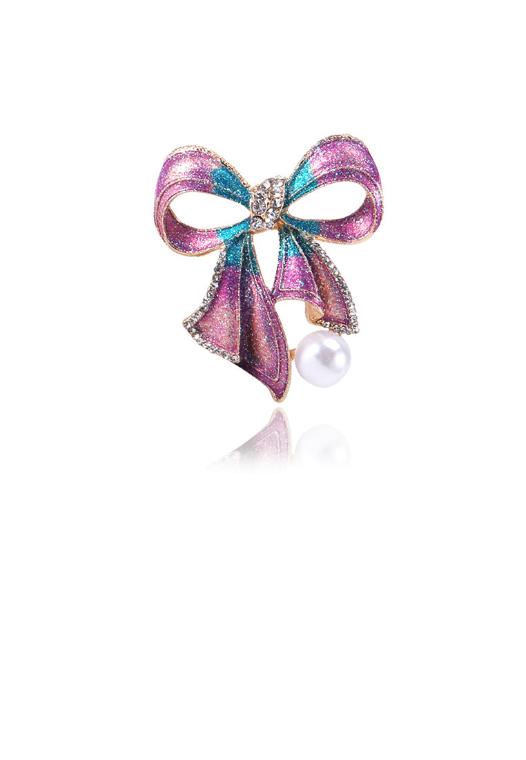 Fashion and Elegant Pink Ribbon Imitation Pearl Brooch with Cubic Zirconia - Luxurious Look - Vibrant Color