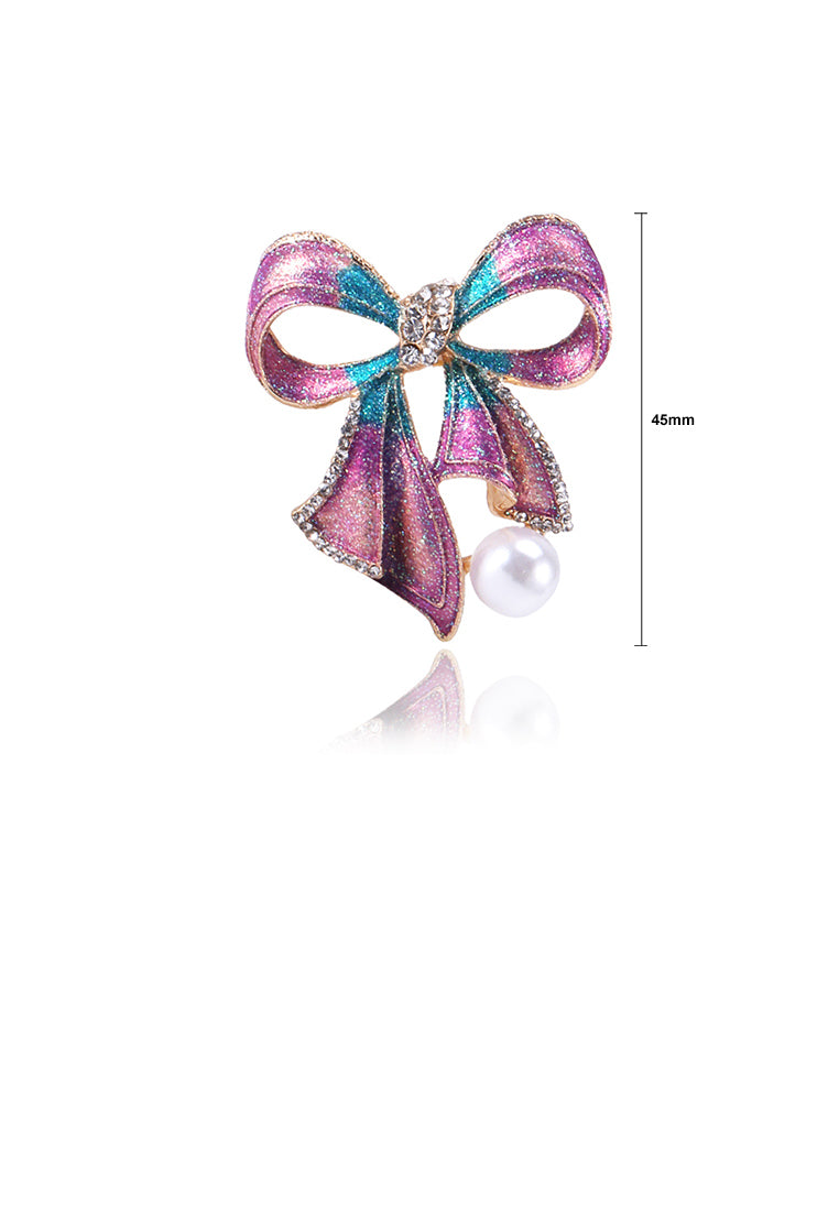 Fashion and Elegant Pink Ribbon Imitation Pearl Brooch with Cubic Zirconia - Luxurious Look - Vibrant Color