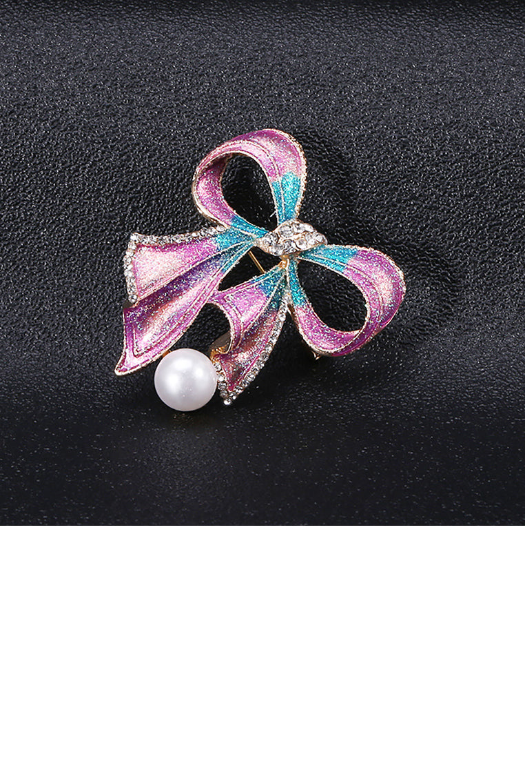 Fashion and Elegant Pink Ribbon Imitation Pearl Brooch with Cubic Zirconia - Luxurious Look - Vibrant Color