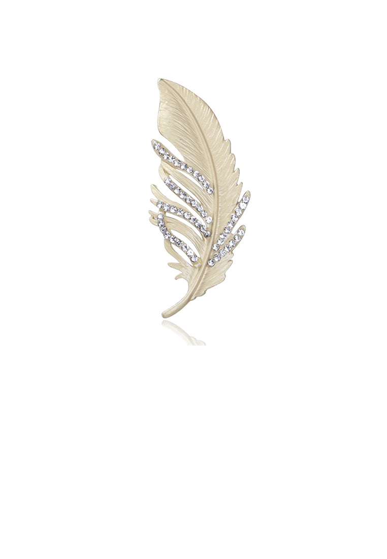 Simple Temperament Plated Gold Feather Brooch with Cubic Zirconia - Luxurious Look