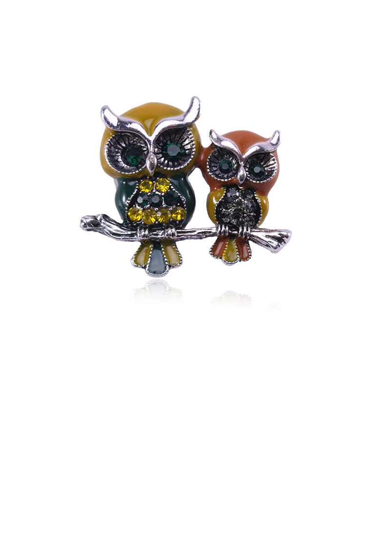 Fashion and Elegant Double Owl Brooch with Cubic Zirconia - Luxurious Look
