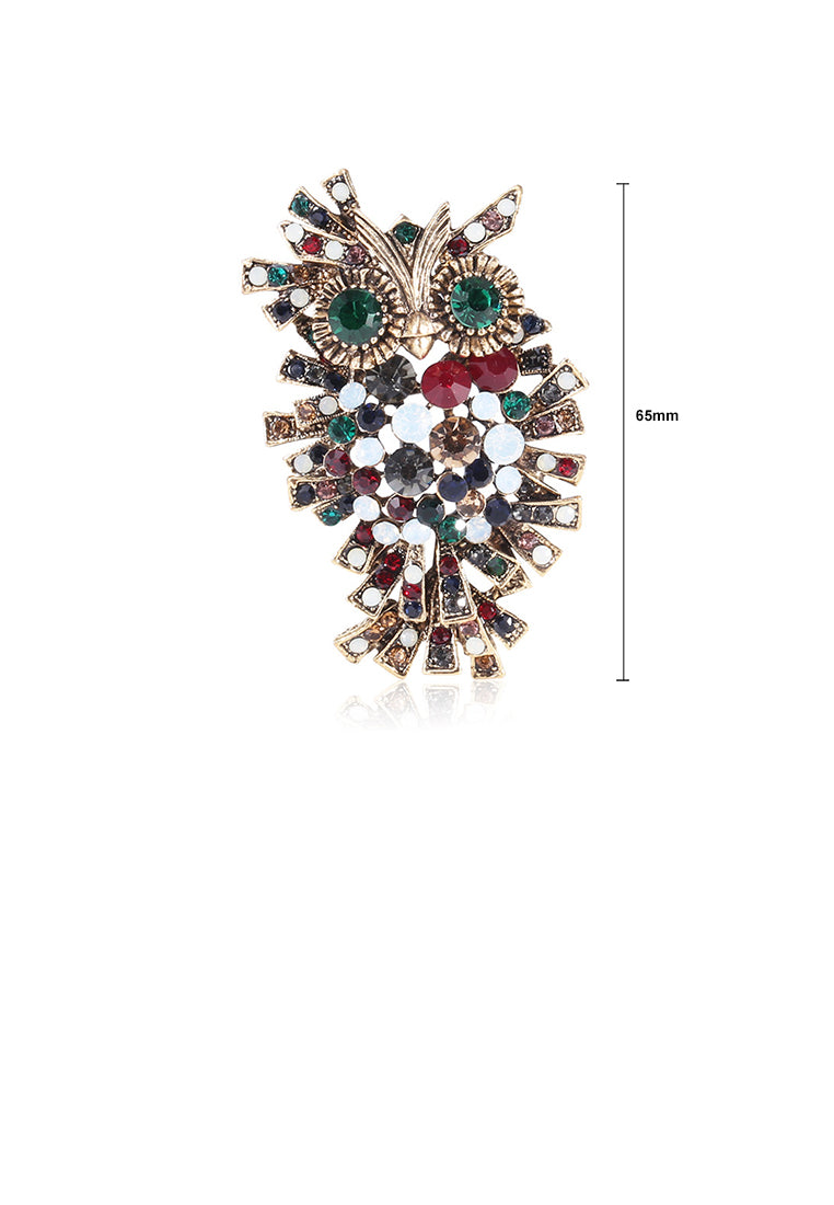 Vintage Creative Plated Gold Owl Brooch with Cubic Zirconia - Luxurious Look