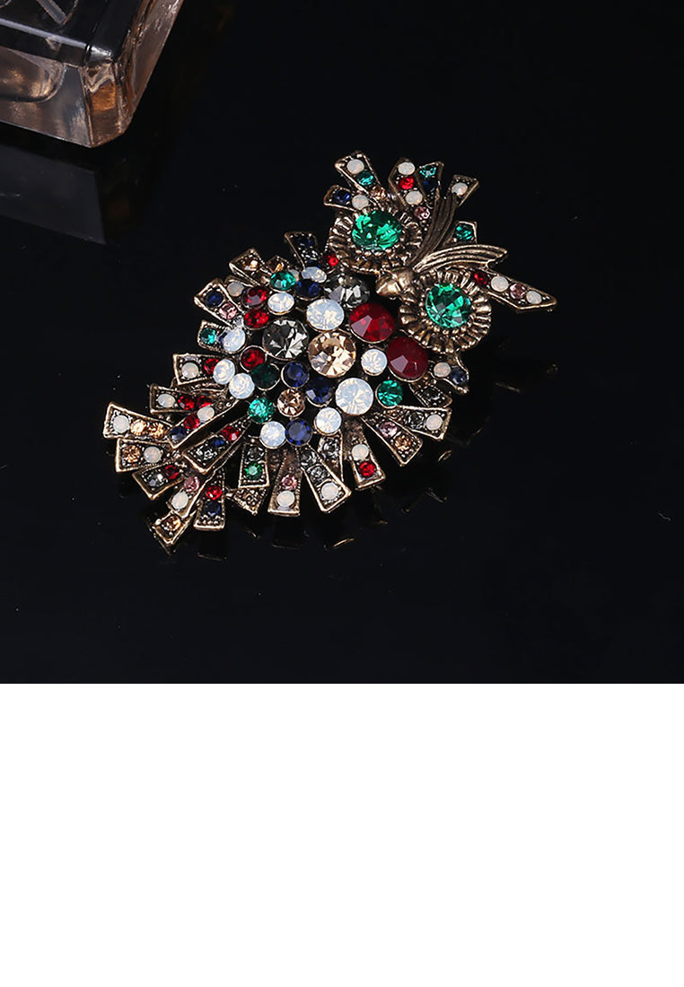 Vintage Creative Plated Gold Owl Brooch with Cubic Zirconia - Luxurious Look