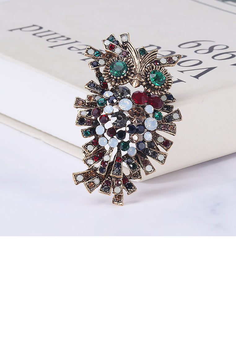 Vintage Creative Plated Gold Owl Brooch with Cubic Zirconia - Luxurious Look