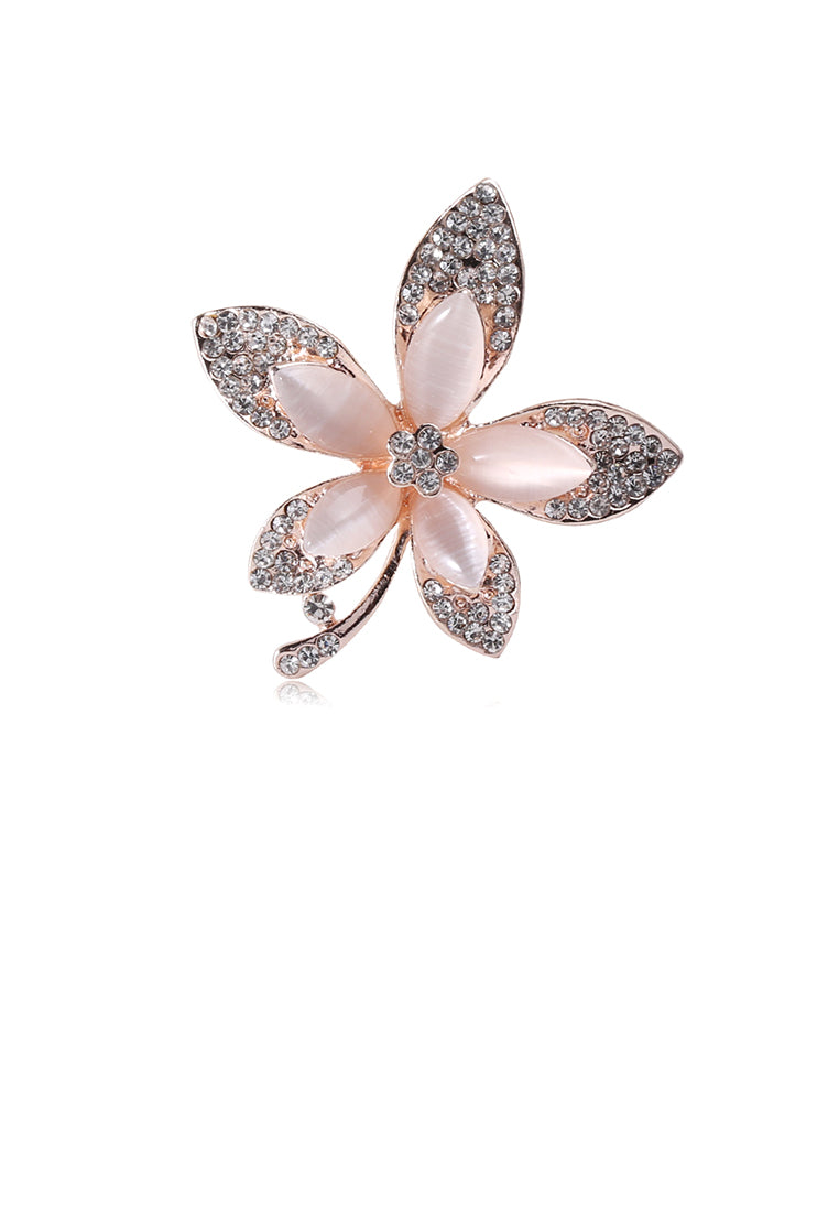Fashion Bright Plated Gold Flower Imitation Opal Brooch with Cubic Zirconia - Luxurious Look