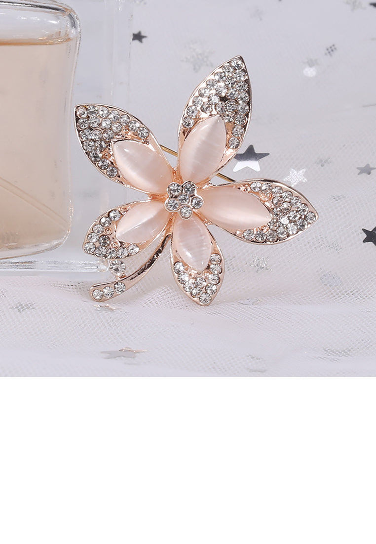 Fashion Bright Plated Gold Flower Imitation Opal Brooch with Cubic Zirconia - Luxurious Look