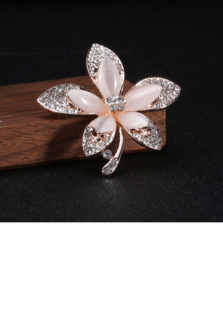 Fashion Bright Plated Gold Flower Imitation Opal Brooch with Cubic Zirconia - Luxurious Look