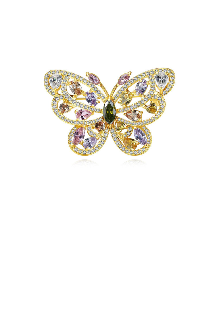 Fashion and Elegant Plated Gold Butterfly Brooch with Colorful Cubic Zirconia - Luxurious Look