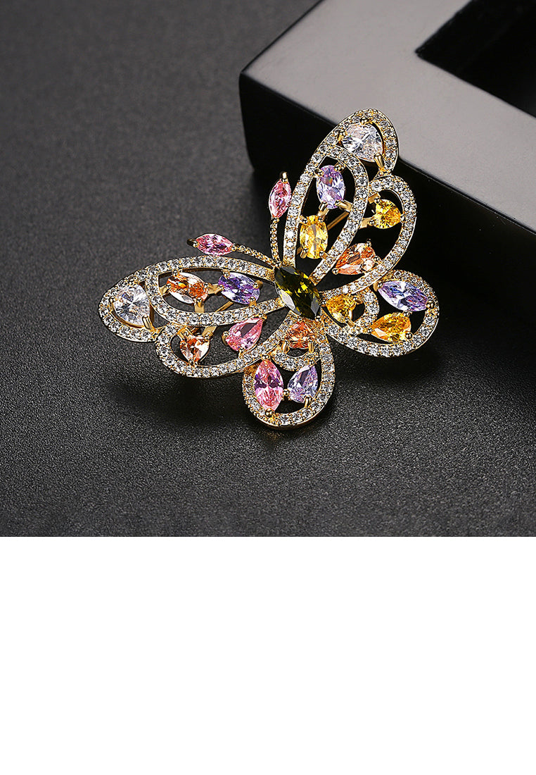 Fashion and Elegant Plated Gold Butterfly Brooch with Colorful Cubic Zirconia - Luxurious Look