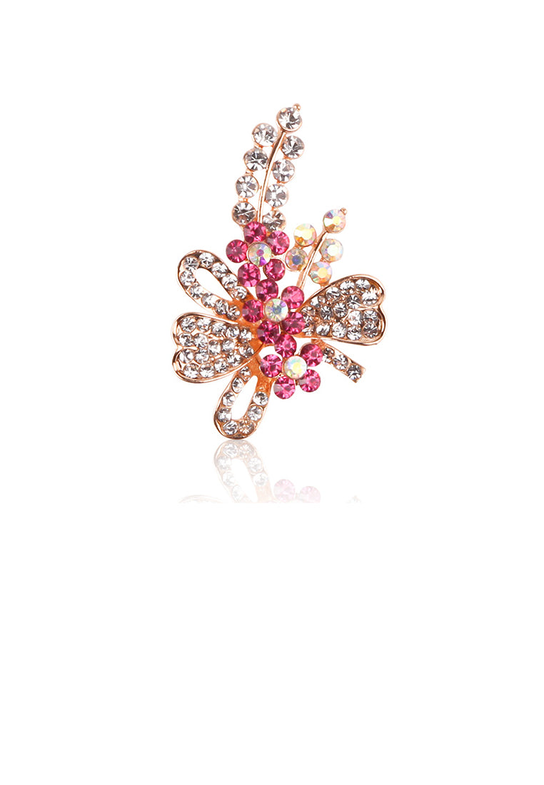 Fashion and Elegant Plated Gold Flower Brooch with Red Cubic Zirconia - Luxurious Look - Vibrant Color