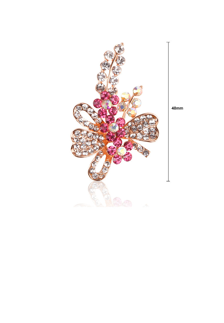 Fashion and Elegant Plated Gold Flower Brooch with Red Cubic Zirconia - Luxurious Look - Vibrant Color
