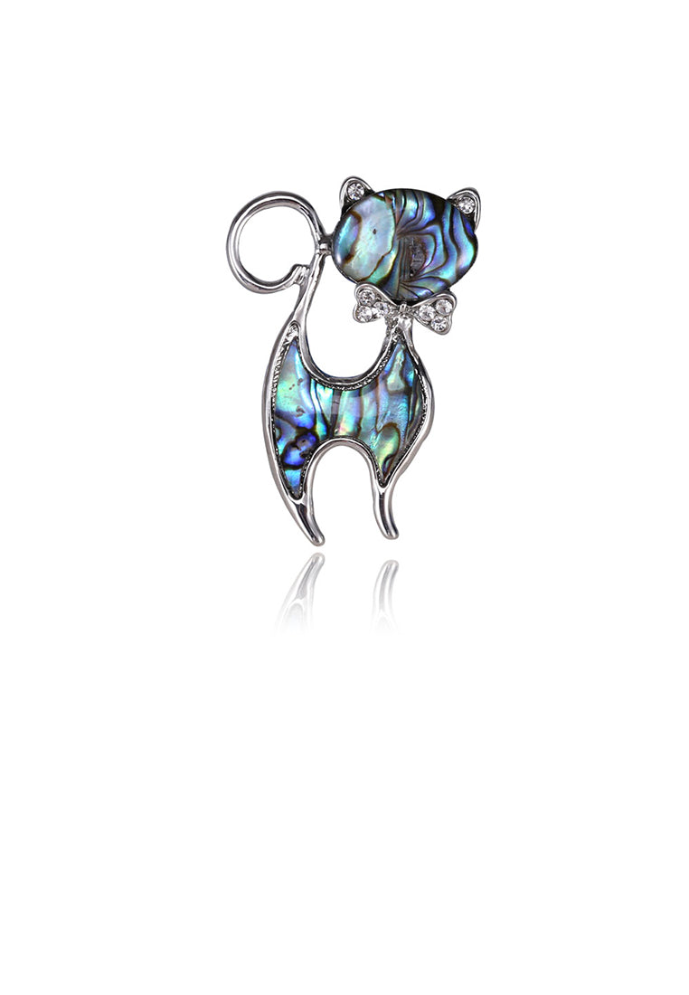 Simple and Cute Cat Blue Shell Brooch with Cubic Zirconia - Luxurious Look