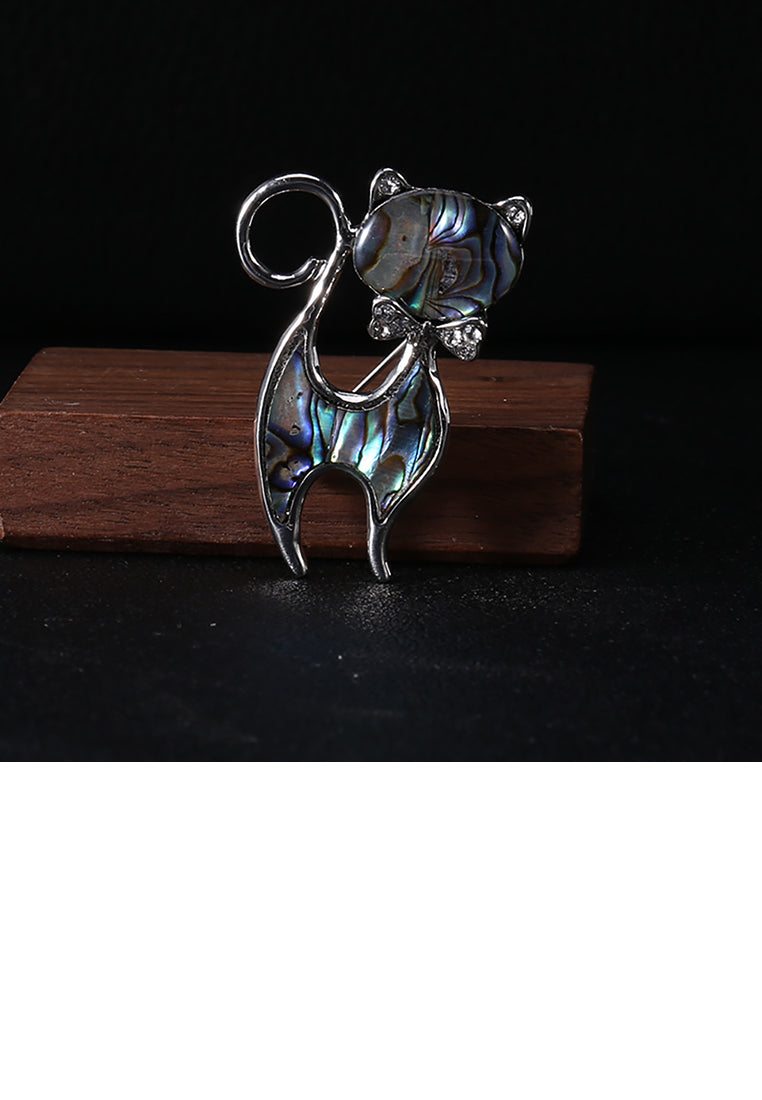 Simple and Cute Cat Blue Shell Brooch with Cubic Zirconia - Luxurious Look