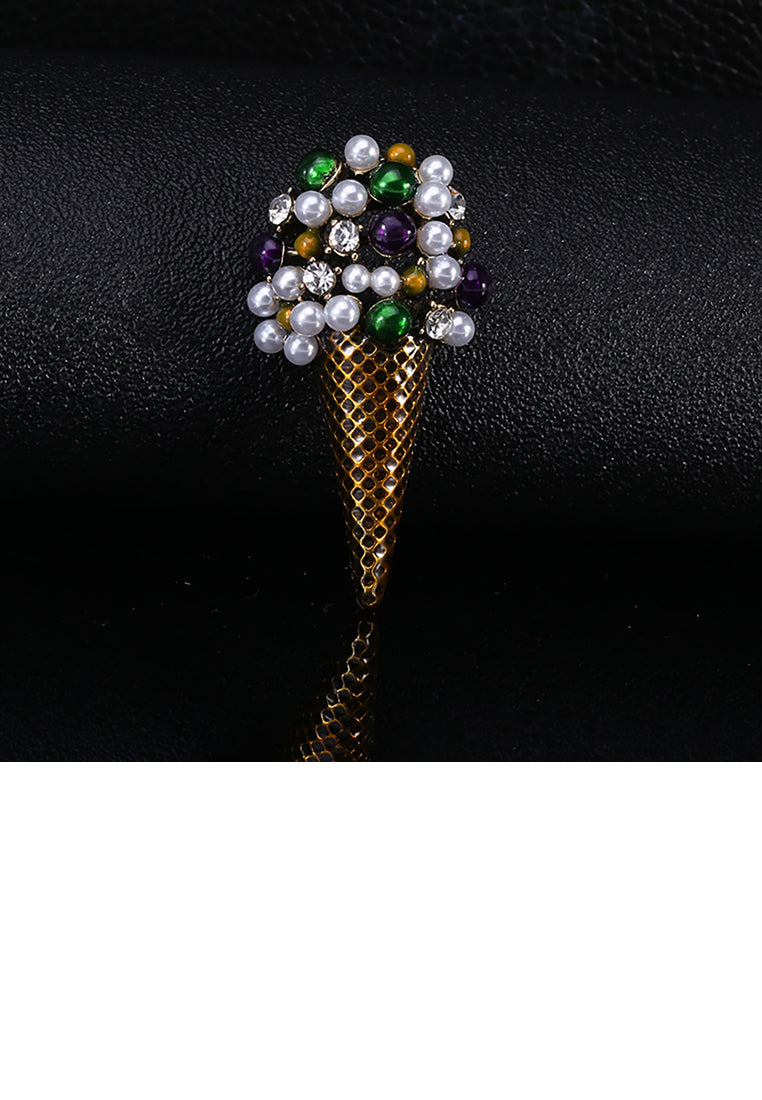 Fashion and Cute Plated Gold Ice Cream Imitation Pearl Brooch with Cubic Zirconia - Luxurious Look