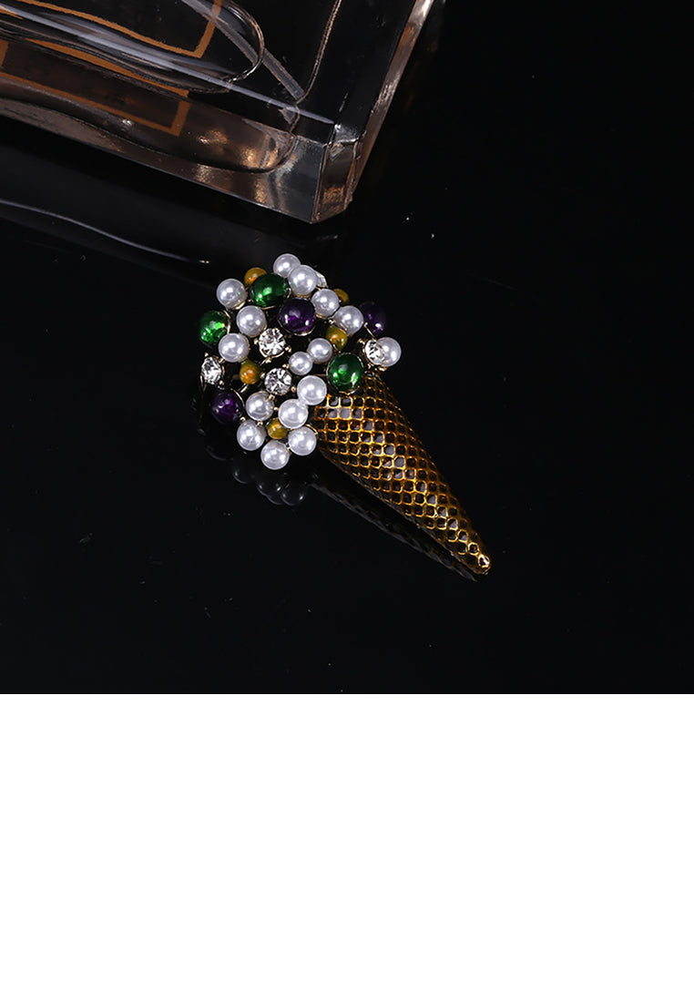 Fashion and Cute Plated Gold Ice Cream Imitation Pearl Brooch with Cubic Zirconia - Luxurious Look