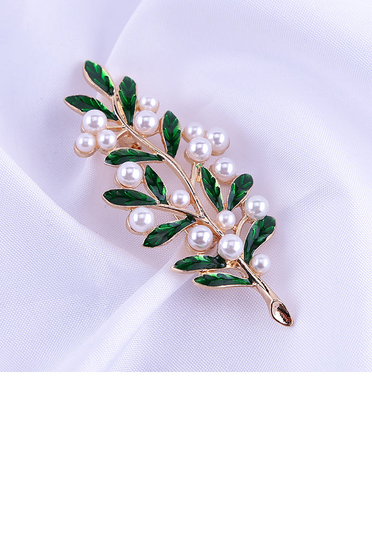 Fashion and Elegant Plated Gold Floral Green Leaf Imitation Pearl Brooch - Luxurious Look