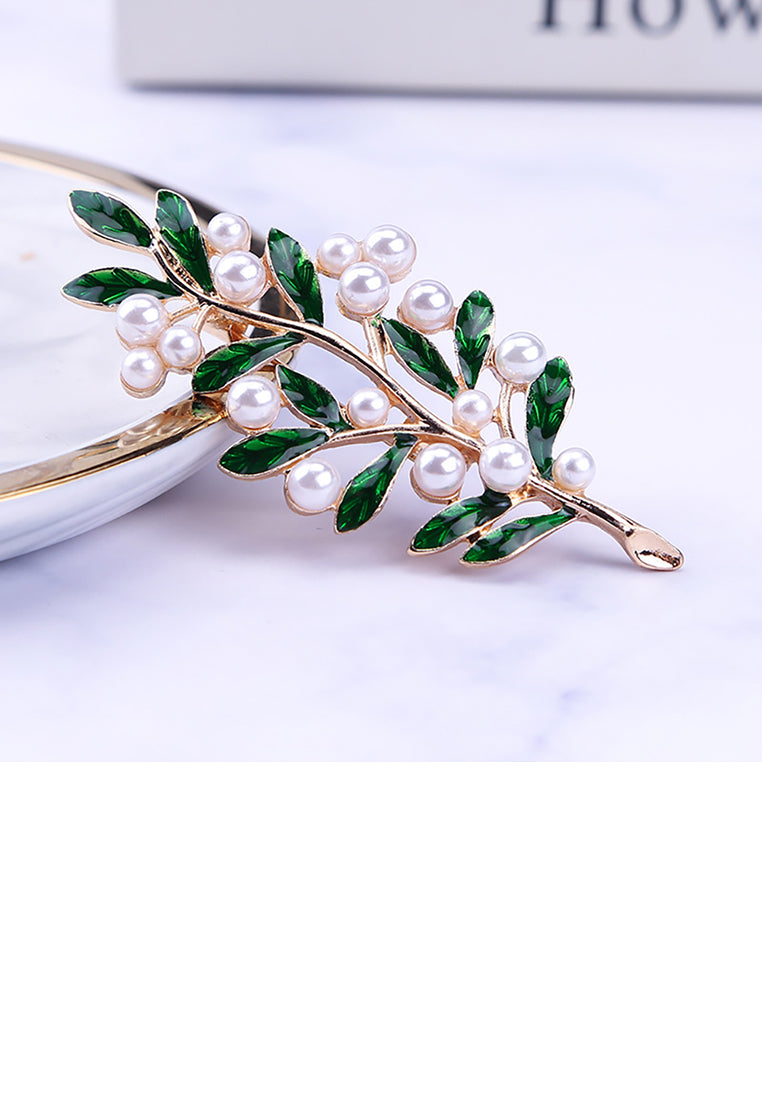 Fashion and Elegant Plated Gold Floral Green Leaf Imitation Pearl Brooch - Luxurious Look