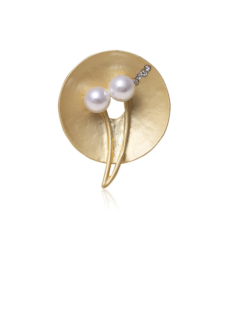 Fashion and Simple Plated Gold Geometric Round Imitation Pearl Brooch with Cubic Zirconia - Luxurious Look