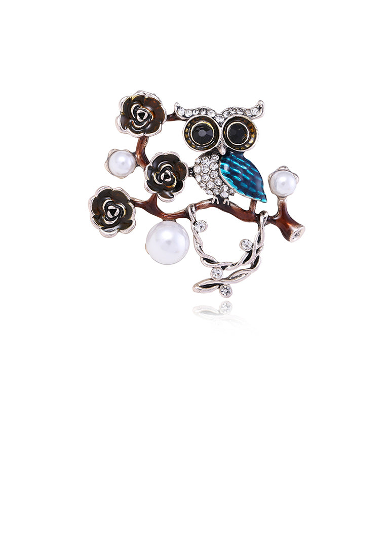 Fashion Simple Plated Gold Owl Flower Imitation Pearl Brooch with Cubic Zirconia - Luxurious Look