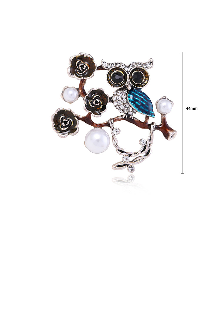 Fashion Simple Plated Gold Owl Flower Imitation Pearl Brooch with Cubic Zirconia - Luxurious Look
