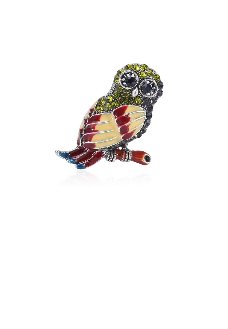 Fashion and Cute Plated Gold Color Owl Brooch with Cubic Zirconia - Luxurious Look