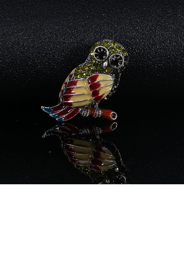Fashion and Cute Plated Gold Color Owl Brooch with Cubic Zirconia - Luxurious Look