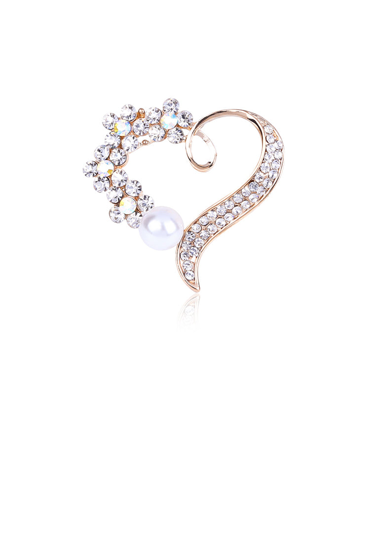 Simple and Fashion Plated Gold Hollow Heart-shaped Imitation Pearl Brooch with Cubic Zirconia - Luxurious Look