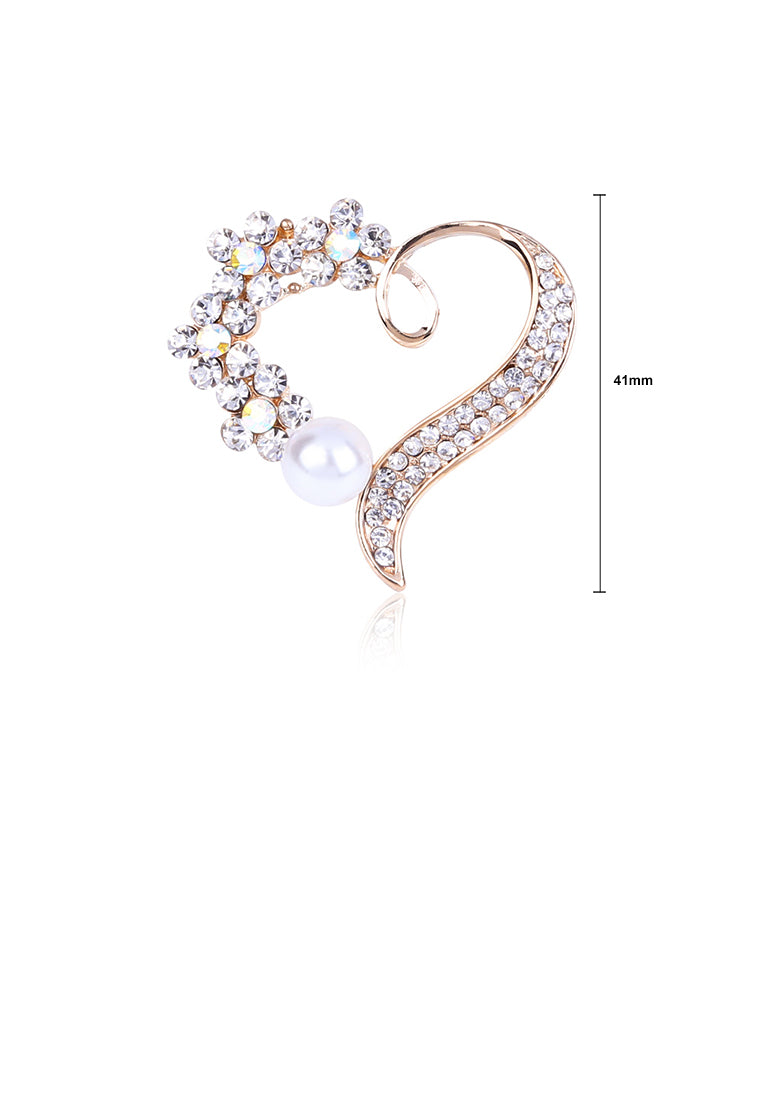 Simple and Fashion Plated Gold Hollow Heart-shaped Imitation Pearl Brooch with Cubic Zirconia - Luxurious Look