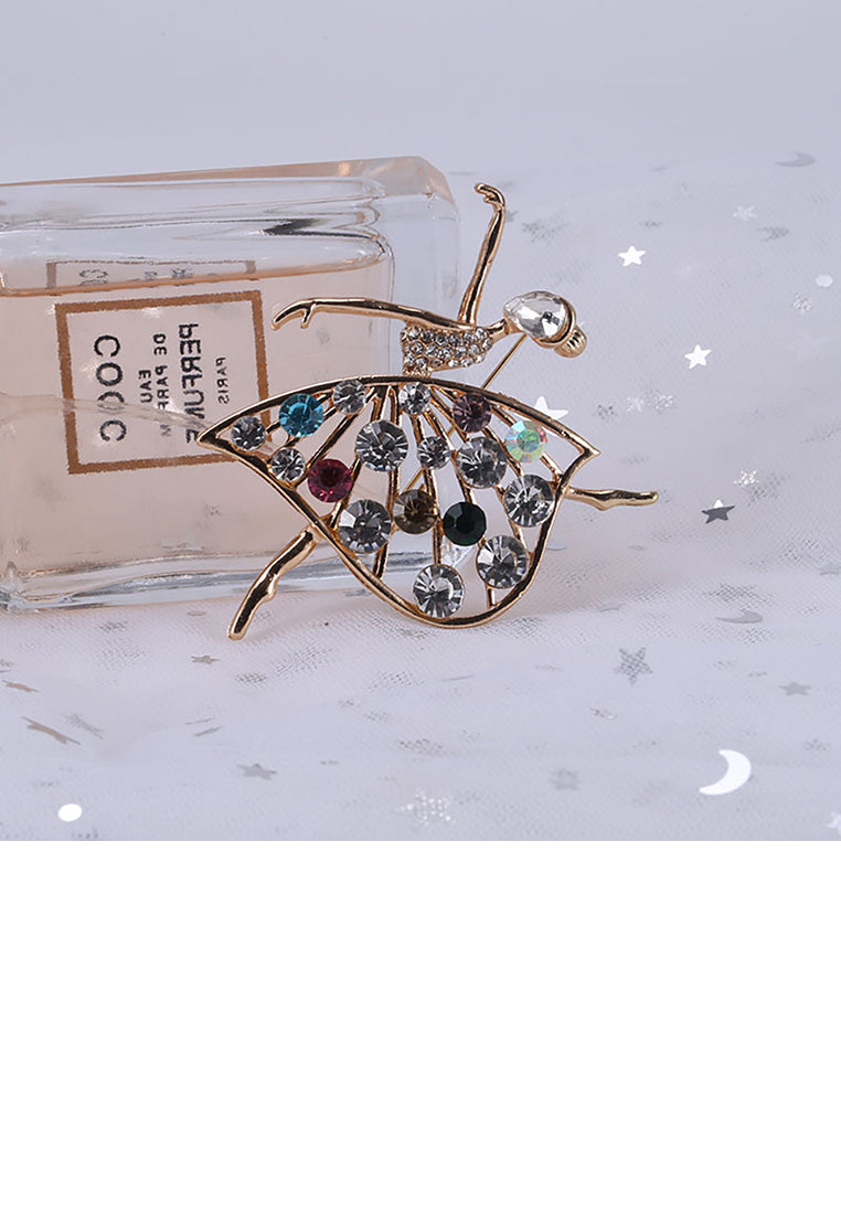 Elegant Temperament Plated Gold Ballerina Brooch with Cubic Zirconia - Luxurious Look