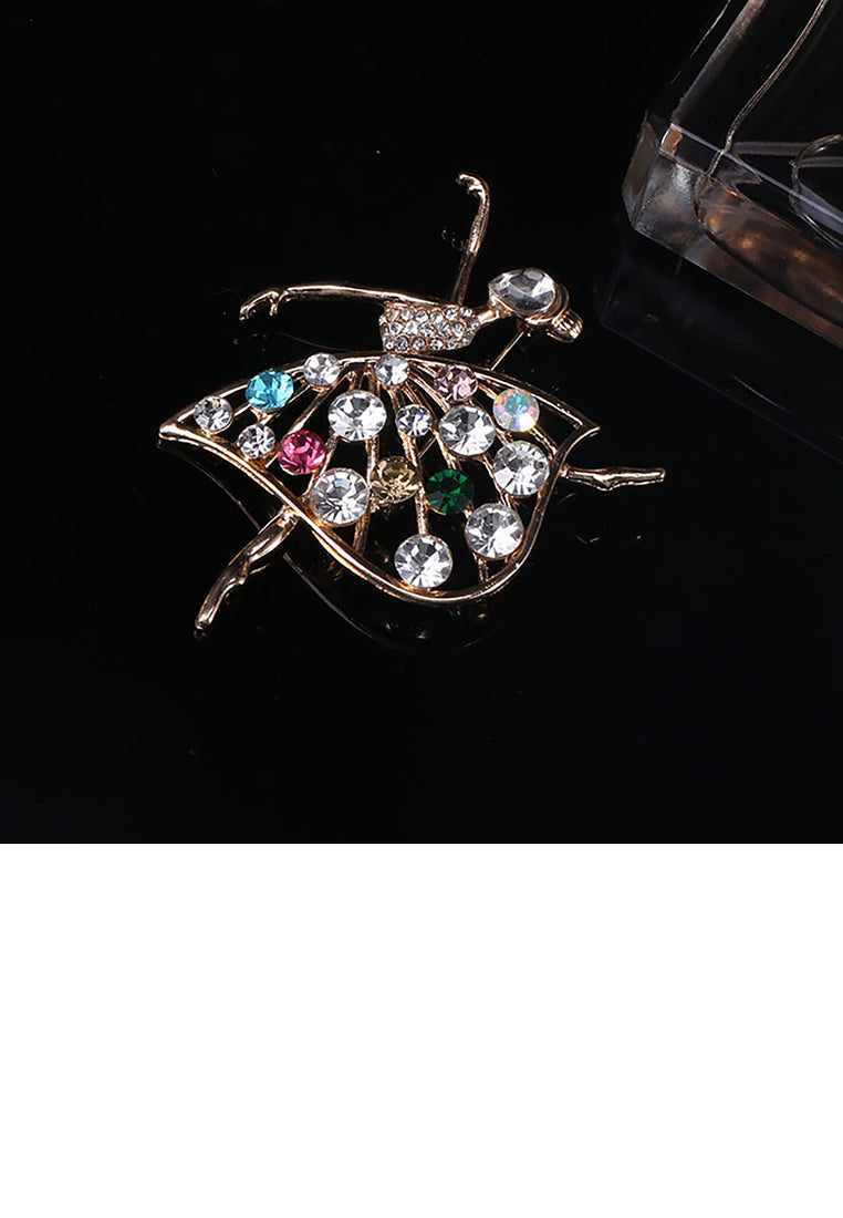 Elegant Temperament Plated Gold Ballerina Brooch with Cubic Zirconia - Luxurious Look