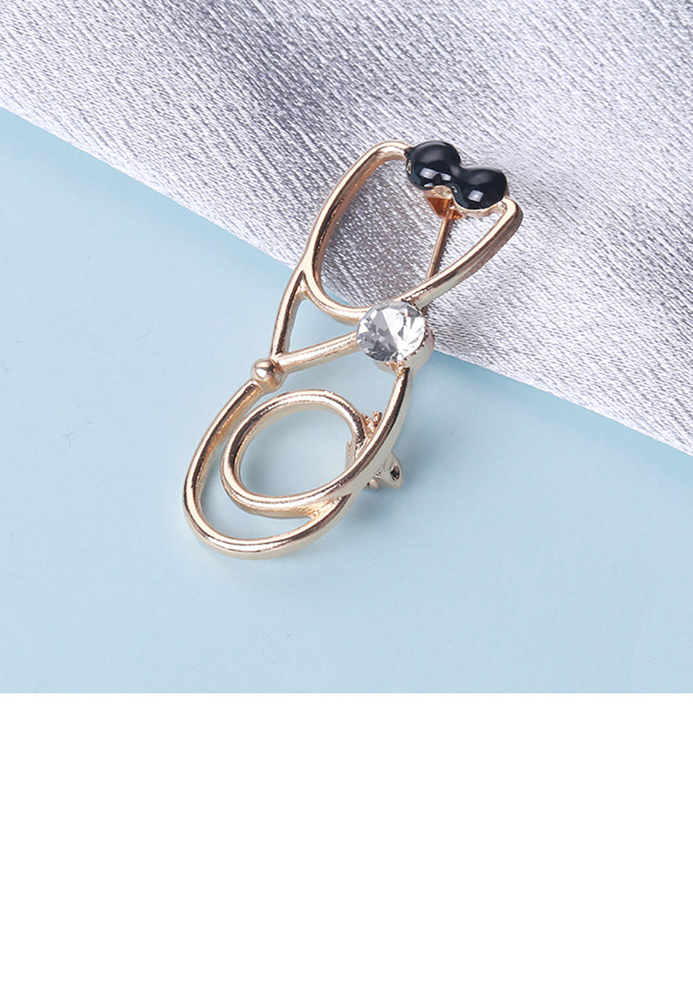 Simple and Creative Plated Gold Doctor's Stethoscope Brooch with Cubic Zirconia - Luxurious Look