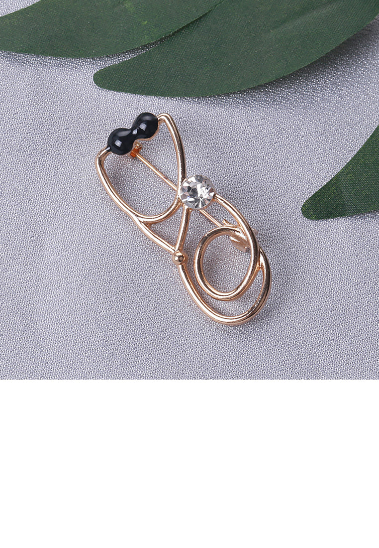 Simple and Creative Plated Gold Doctor's Stethoscope Brooch with Cubic Zirconia - Luxurious Look